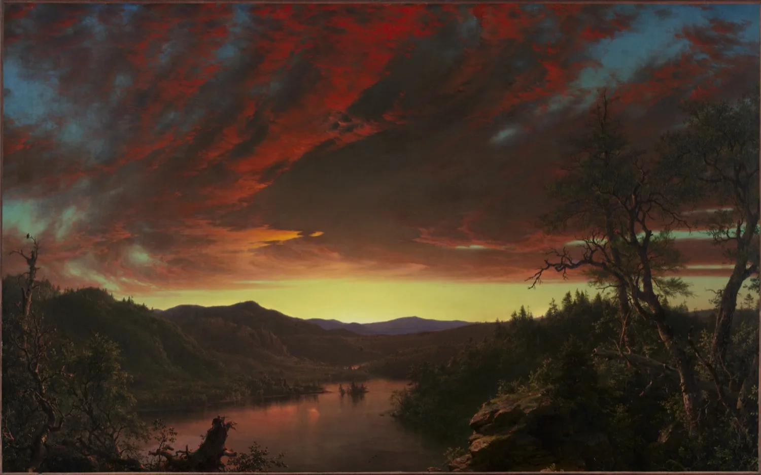 Atardecer rojo sobre un valle y un lago en calma · Frederic Edwin Church, 1860 · CC0 · dominio público