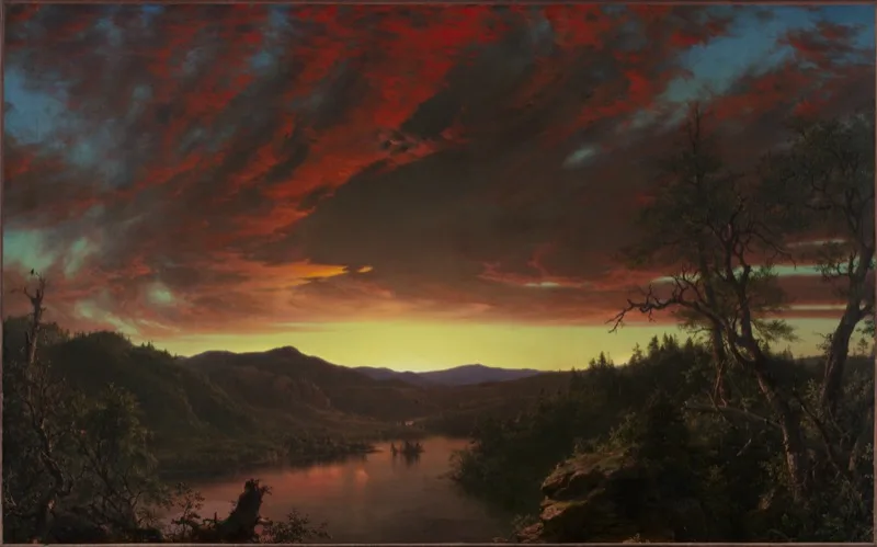 Atardecer rojo sobre un valle y un lago en calma · Frederic Edwin Church, 1860 · CC0 · dominio público